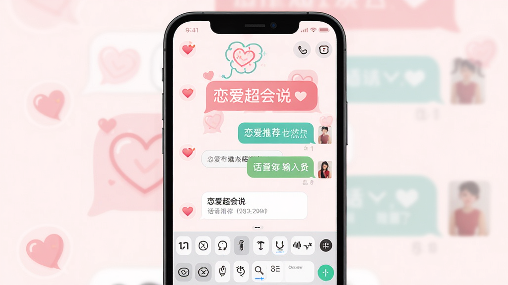 一幅展示恋爱超会说聊天输入法核心功能的宣传海报,主体为手机屏幕上的输入法界面,界面中显示“恋爱超会说”字样和浪漫的粉色气泡背景,布局居中,排版清晰,风格为现代扁平化插画,细节包括爱心图标、聊天对话框和话术推荐卡片,画质高清干净,无多余元素