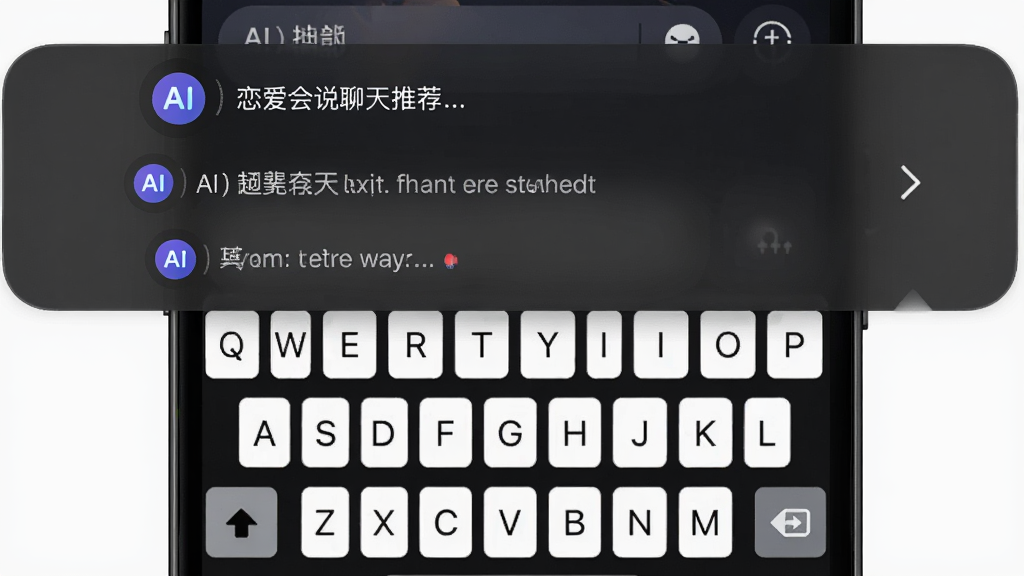 展示恋爱超会说聊天输入法智能推荐功能的界面,主体为手机输入法键盘上方弹出的推荐栏,推荐栏中显示3条话术选项,布局为横向排列,风格为简约科技感,细节包括AI图标和话术文字,画质高清干净,无多余元素