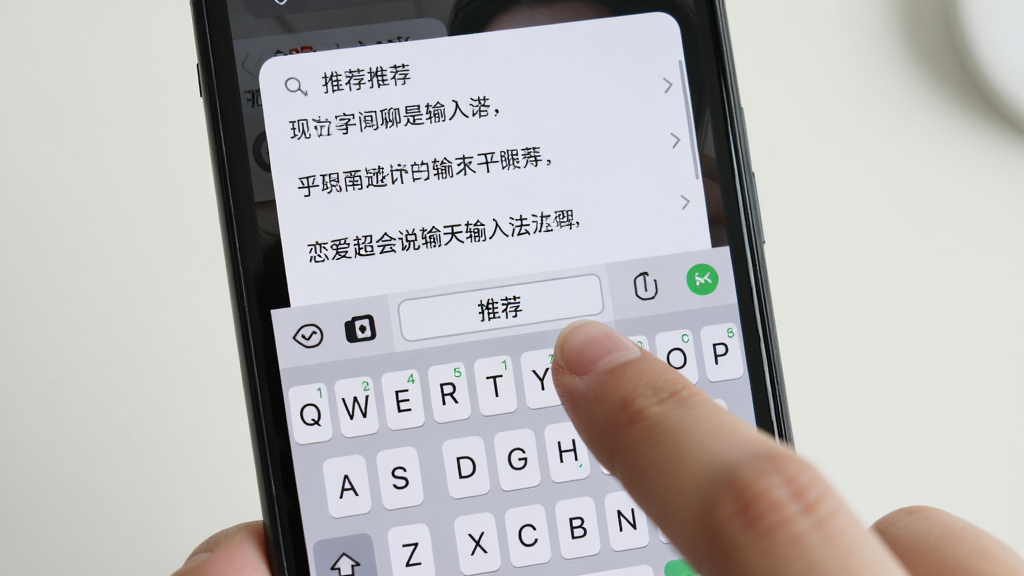 展示恋爱超会说聊天输入法使用教程的配图,主体为手机屏幕,屏幕中显示输入法键盘上方弹出的推荐话术列表,布局为上下结构,风格为实拍照片风格,细节包括手指点击推荐话术的动作,画质高清干净,无多余元素