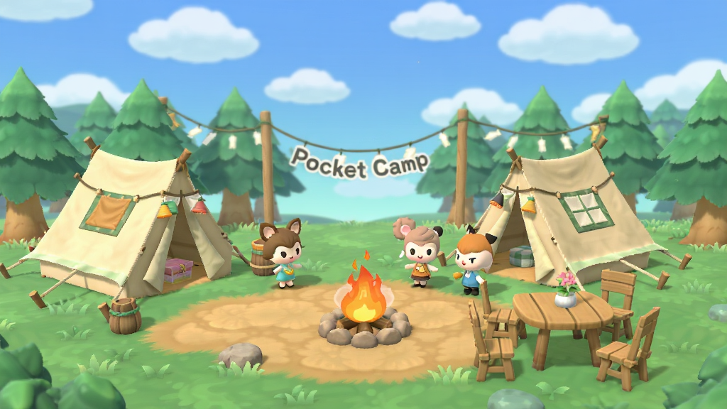 画面中展示Pocket Camp C游戏主界面,一个装饰精美的露营地,背景是蓝天白云和翠绿森林,前景有篝火、帐篷、木质桌椅和可爱的小动物角色,整体风格清新卡通,色彩明亮柔和,构图居中,布局层次分明,细节丰富,画质高清,干净无多余元素