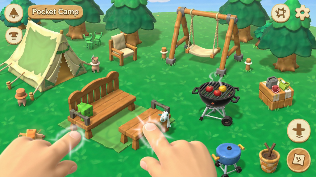 展示Pocket Camp C游戏中的营地编辑界面,玩家手指拖动家具摆放,屏幕上有帐篷、秋千、烧烤架等多样装饰,整体UI简洁,色彩明快,卡通渲染风格,布局清晰,细节丰富,画质干净,无多余元素
