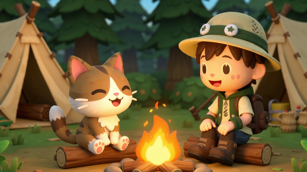 展示Pocket Camp C中角色互动场景,一只可爱的小猫动物朋友正开心地坐在篝火旁,玩家角色在旁边微笑,周围有帐篷和森林背景,画面温馨治愈,卡通渲染,构图自然,细节丰富,画质高清,干净无多余元素