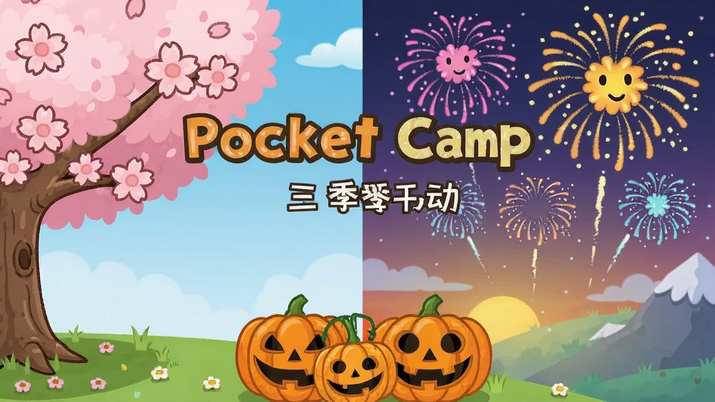 展示Pocket Camp C中四季主题活动的宣传画面,画面左侧是樱花树,右侧是夏日烟火,下方是万圣节南瓜装饰,整体色彩缤纷,卡通风格,布局对称,细节精致,画质清晰,干净无多余元素