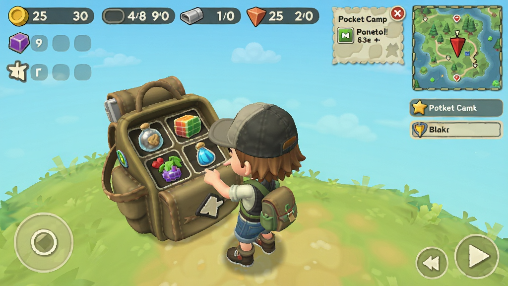 展示Pocket Camp C游戏运行截图,画面中玩家正在整理背包物品,界面显示资源数量、任务提示和地图图标,整体UI布局清晰,卡通风格,色彩明亮,细节丰富,画质干净,无多余元素