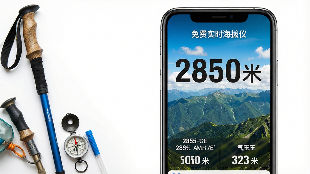 主体:一部智能手机屏幕正中央显示着“免费实时海拔仪”的界面,界面背景是连绵起伏的绿色山脉和蓝天白云的实景图,屏幕上方有醒目的海拔数字“2850米”,下方有经纬度坐标和气压数据。布局:手机位于画面中央偏右,左侧留白处有登山杖、指南针等户外装备点缀,整体构图平衡。排版:界面上的文字信息清晰可读,数字采用大号粗体,与背景形成鲜明对比。风格:写实风格,光线明亮,色彩饱和度高,画质细腻,干净无多余元素。
