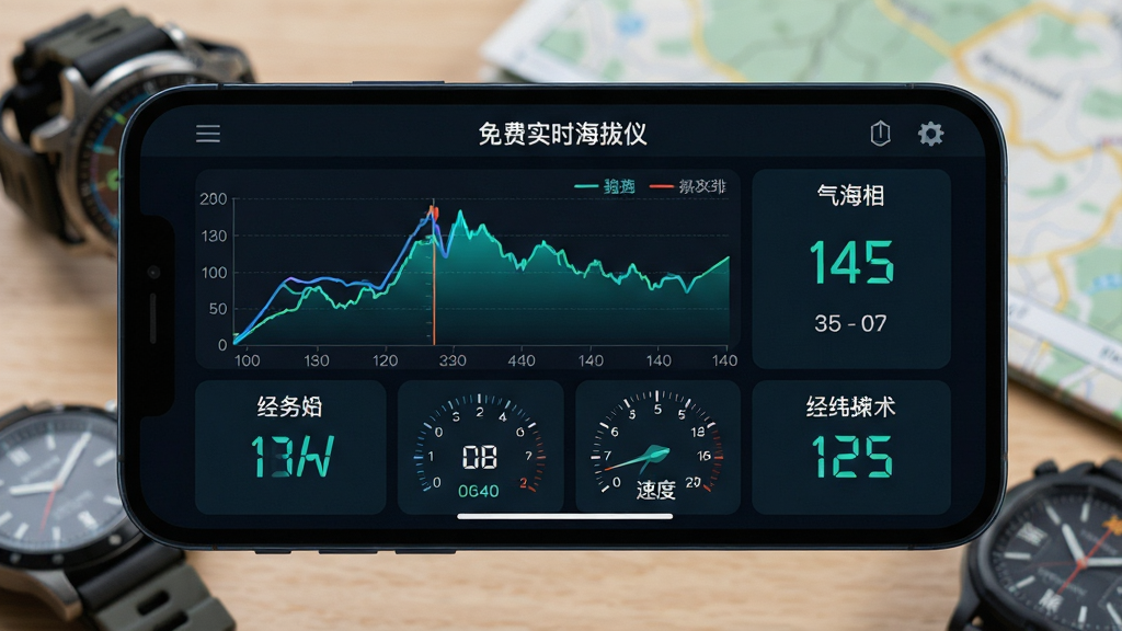 主体:手机横屏界面截图,展示“免费实时海拔仪”的完整数据面板,包括海拔曲线图、气压表、速度表、经纬度数字等,界面以深色背景为主,彩色数据线条清晰。布局:手机屏幕占满画面中央,周围有微距拍摄的户外手表、地图等物品虚化背景。排版:数据面板分区块排列,图表动态感强,数字锐利。风格:科技感UI设计风格,蓝绿色调为主,画质细腻,干净无多余元素。