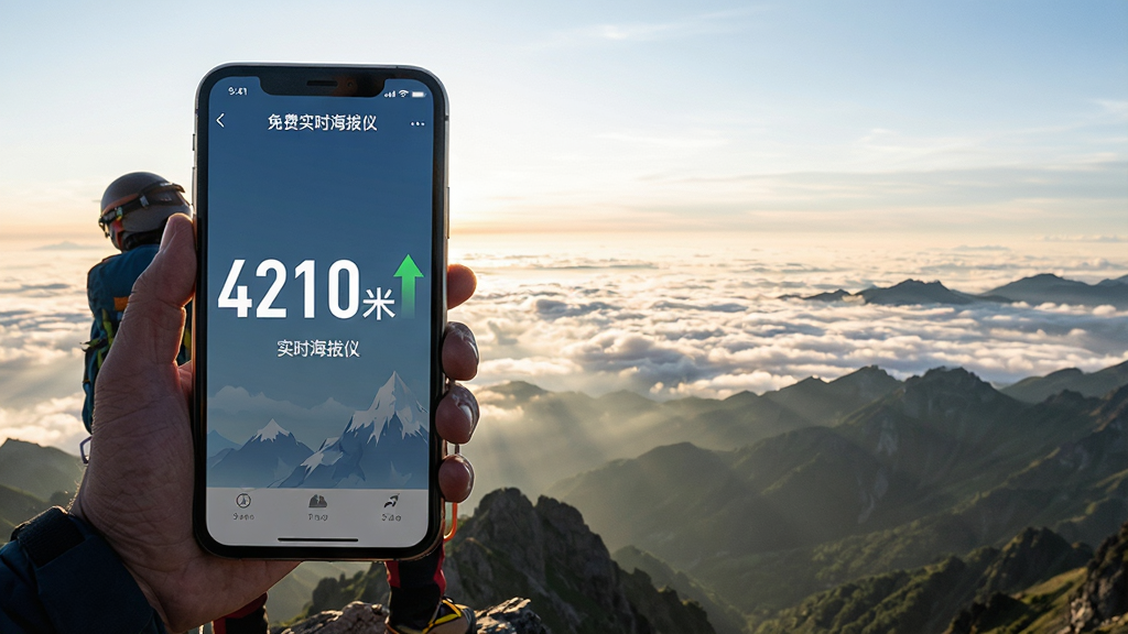 主体:一名登山者站在山顶,手持手机,手机屏幕上显示“免费实时海拔仪”应用界面,海拔数字为“4210米”,旁边有箭头指示上升趋势。布局:登山者位于画面左侧三分之一处,右侧是壮观的云海和连绵群山,形成远近对比。排版:屏幕上的海拔数字超大显示,清晰可见,下方有一行小字“实时海拔仪”。风格:户外写实摄影风格,逆光拍摄,光影层次丰富,画质高清,干净无多余元素。
