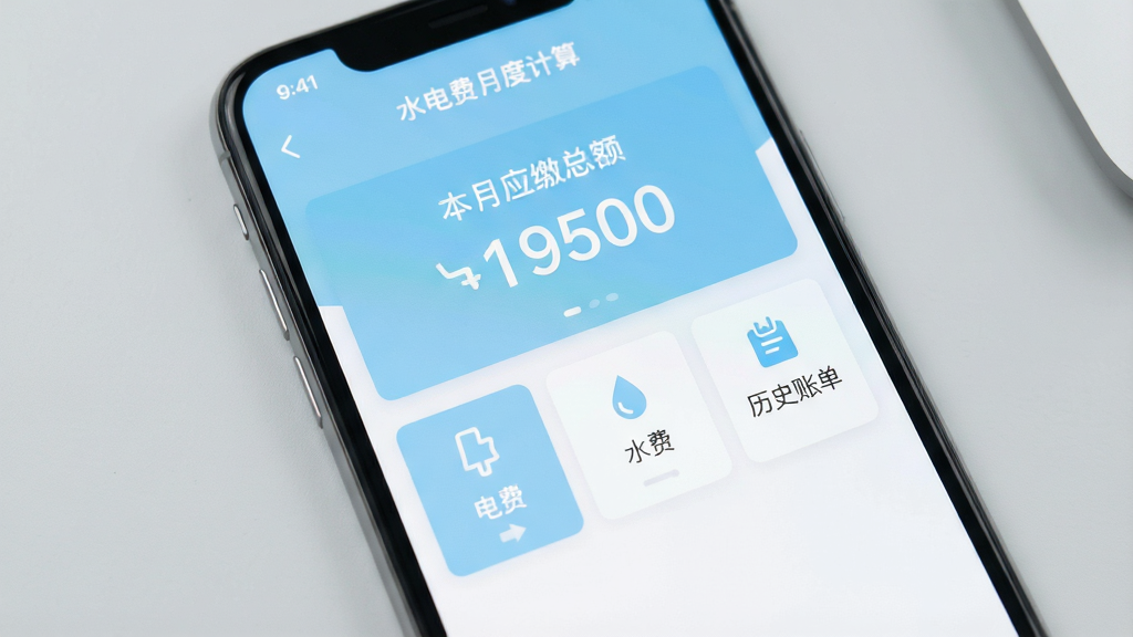 一张智能手机屏幕的特写,屏幕正中央显示“水电费月度计算”APP的主界面,界面以浅蓝色和白色为主色调,上方展示本月应缴总额的醒目数字,下方排列着“电费”“水费”“历史账单”三个功能卡片,手机背景为干净的浅灰色桌面,整体风格简约清新,画质干净,无多余元素