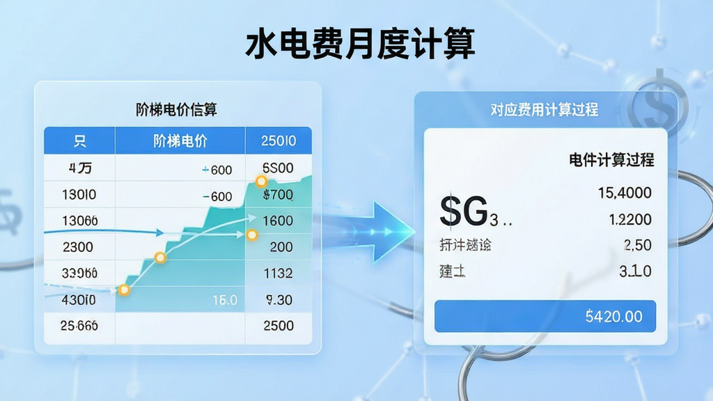 一张“水电费月度计算”软件功能展示图,画面左侧是阶梯电价表格,右侧是对应的费用计算过程动画,中间用箭头连接,背景为淡蓝色渐变,整体布局清晰,风格科技感,画质干净,无多余元素