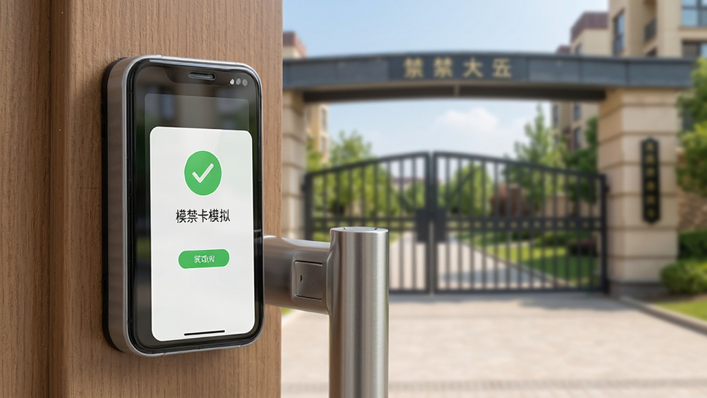 电子钥匙APP门禁卡模拟功能预览图,手机贴近门禁读卡器,屏幕显示模拟成功界面,背景为小区大门,构图清晰,风格写实,画质干净