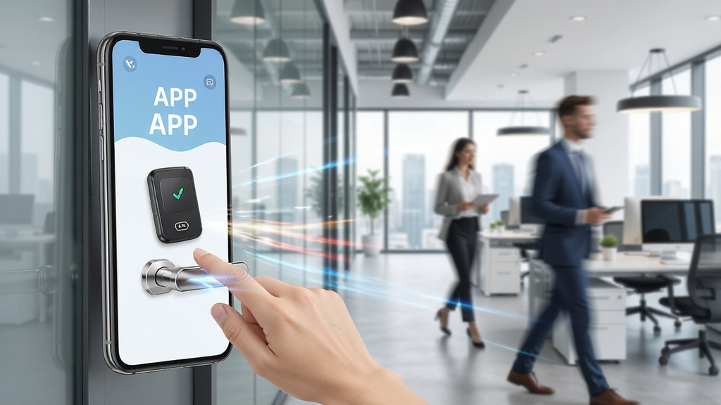 电子钥匙APP使用场景示意图,手机模拟门禁卡开门动作,背景为现代办公室,动态感强,构图合理,画质干净