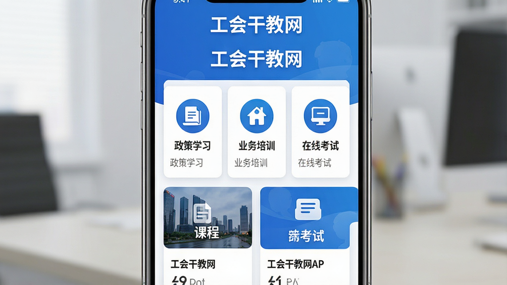 主体:工会干教网APP界面展示,手机屏幕显示课程列表和考试入口;布局:手机居中,界面清晰,上方有“工会干教网”字样,下方排列课程卡片;排版:简约现代,信息层级分明;风格:商务教育风,蓝色主色调;细节:屏幕上有“政策学习”“业务培训”“在线考试”等图标;画质:高清渲染,干净无多余元素