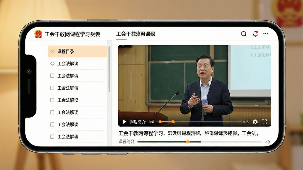 主体:工会干教网课程学习页面,屏幕显示视频课程播放界面,标题为“工会法解读”;布局:手机横屏展示,左侧为课程目录,右侧为视频画面;排版:清晰规整,目录可滚动;风格:专业教育风格,暖色调灯光;细节:视频中有讲师讲解,下方有课程简介和进度条;画质:高清流畅,干净无多余元素