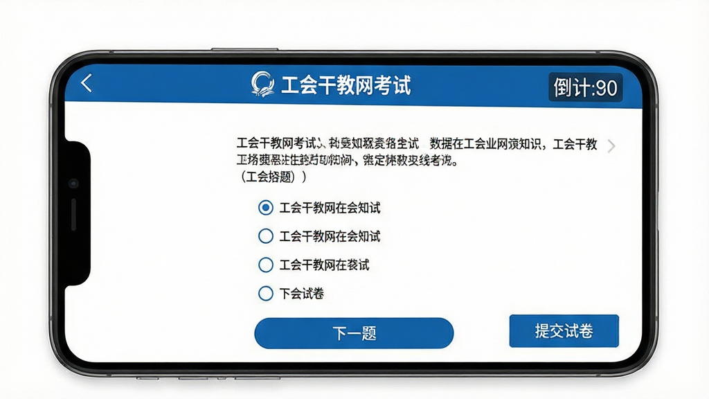 主体:工会干教网在线考试界面,手机屏幕显示答题页面,顶部有“工会干教网考试”字样;布局:题目居中,下方有选项和“下一题”按钮,右上角显示倒计时;排版:简洁明了,字体清晰;风格:严肃考试风,白底蓝字;细节:题目为工会业务知识,选项前有圆形单选按钮,右下角有“提交试卷”按钮;画质:高清渲染,干净无多余元素