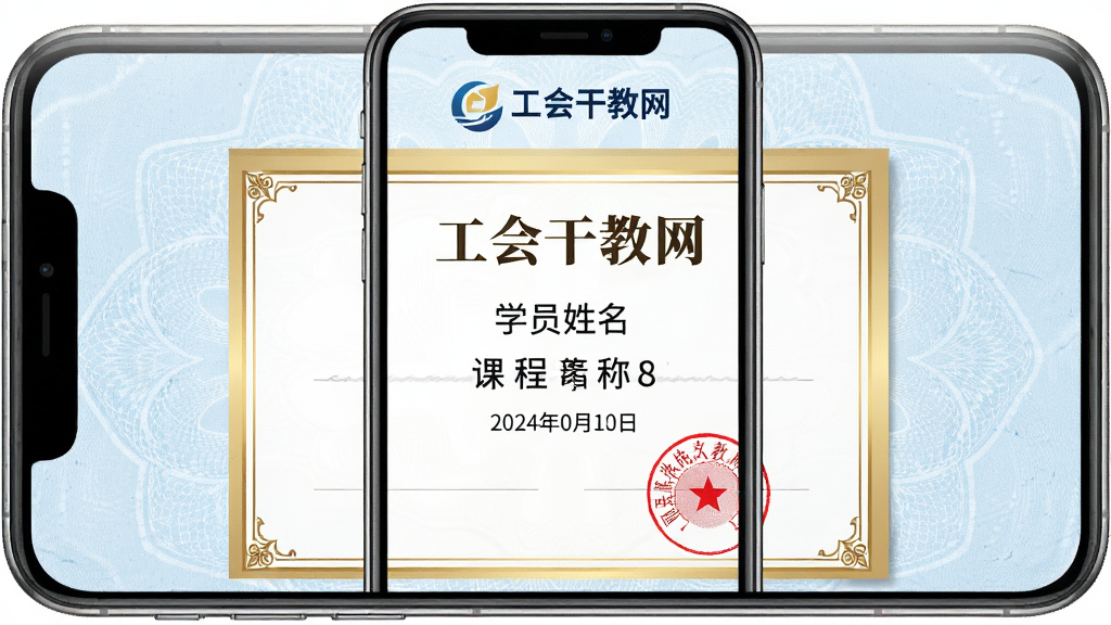 主体:工会干教网电子证书展示,手机屏幕显示一张精美的结业证书;布局:证书居中,背景为淡蓝色纹理,上方有“工会干教网”logo;排版:庄重典雅,文字清晰;风格:正式证书风,金色边框;细节:证书上有学员姓名、课程名称、日期和红色印章;画质:高清渲染,干净无多余元素