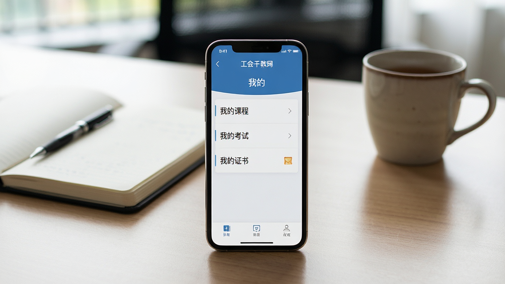 主体:工会干教网使用场景,一部手机放在桌上,屏幕显示“我的”页面;布局:手机居于画面中央,背景为办公桌,有笔记本和茶杯;排版:自然生活化,手机屏幕内容清晰;风格:真实摄影风,自然光;细节:屏幕上有“我的课程”“我的考试”“我的证书”等菜单;画质:高清真实,干净无多余元素