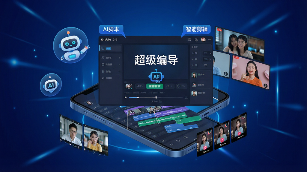 一幅现代科技感的宣传海报,主体是“超级编导”软件界面悬浮在手机屏幕上方,周围环绕着视频剪辑时间线、AI机器人图标和多个短视频画面缩略图,背景为深蓝色渐变与光效,布局采用中心构图,风格偏向互联网科技风,细节包括界面上的“AI脚本”、“智能剪辑”等文字标签,画质高清,干净无多余元素