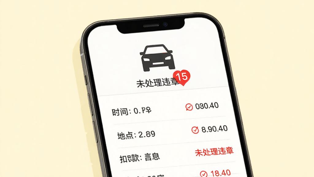 出车好车主违章查询功能展示图,手机界面显示一辆汽车图标下方有“未处理违章”红色数字角标,列表项包含时间、地点、扣分罚款信息,整体风格简洁商务,背景为淡黄色,画质干净,无多余元素