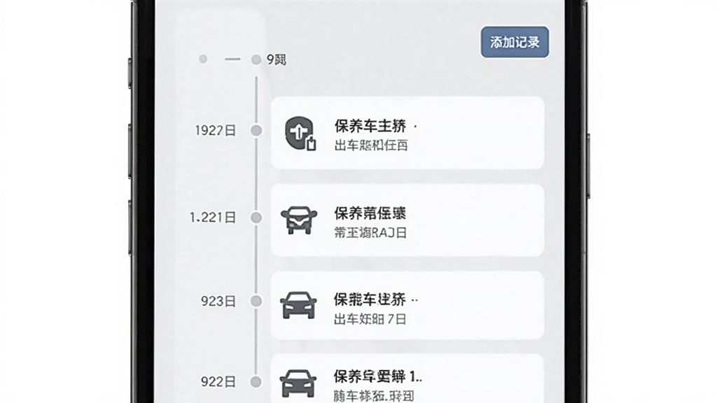 出车好车主保养记录页面预览,手机界面以时间轴形式展示保养项目,每个节点有图标和文字说明,背景为浅灰色卡片,右上角有“添加记录”按钮,风格简洁明了,画质干净,无多余元素