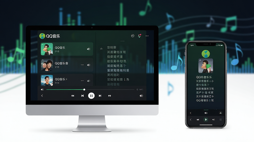 主体:QQ音乐播放器界面在电脑屏幕和手机屏幕上同时展示,背景有模糊的音乐频谱和跳动音符。布局:电脑屏幕位于画面左侧,手机屏幕位于右侧,形成对比,屏幕内容为QQ音乐播放列表和歌词界面。排版:居中构图,留白适中,主次分明。风格:现代科技感,色彩以QQ音乐标志性的绿色和蓝色为主,搭配深色背景,突出屏幕亮点。细节:屏幕上有专辑封面、进度条、音量图标等元素,清晰可辨。画质:高清渲染,干净,无多余元素。