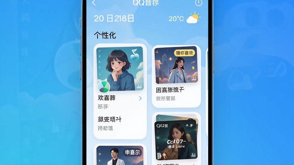 主体:QQ音乐“每日推荐”页面,展示个性化歌单,背景为渐变蓝色调。布局:页面顶部为日期和天气,下方为推荐歌曲卡片瀑布流。排版:卡片圆角,错落有致,重点突出封面图。风格:清新简约,色彩明快,体现智能科技感。细节:卡片上有歌曲名、歌手名,右上角有“猜你喜欢”标签。画质:高清渲染,干净,无多余元素。