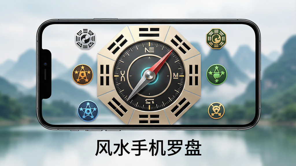 主体:一部现代智能手机屏幕显示风水罗盘应用界面,罗盘指针指向清晰的方位刻度,周围环绕着八卦符号和五行元素图标,背景为虚化的山水风景。布局:手机居中,屏幕内容醒目,周围留白,下方有“风水手机罗盘”六个字。排版:简洁大气,主体突出,文字置于下方居中。风格:写实与科技感结合,光影柔和,细节丰富。细节:罗盘刻度精准,指针有金属质感,八卦符号清晰可辨,背景山水若隐若现。画质:高清渲染,干净,无多余元素。