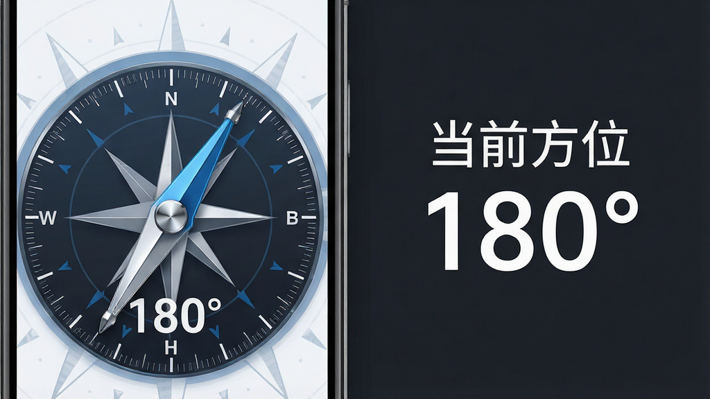 主体:一个特写的手机屏幕,屏幕中罗盘指针指向正南方向,数字度数显示为180°,周围有微弱的指南针底纹。布局:手机占据画面左侧,右侧有放大的度数数据面板,背景为干净的深灰色。排版:左图右文,数据面板清晰标注“当前方位 180°”。风格:极简科技风,蓝白配色。细节:罗盘刻度精细,指针带有金属反光,数据字体清晰。画质:高清,干净,无多余元素。