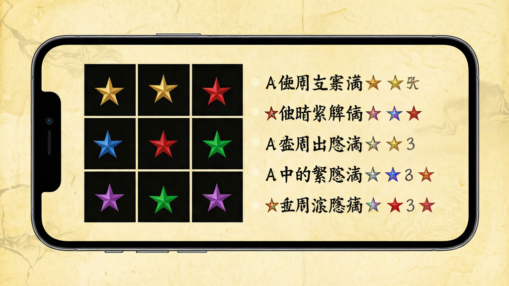 主体:手机屏幕上展示一张九宫飞星图,图中用不同颜色标注九颗星的位置,旁边有文字说明。布局:手机横屏显示,左侧为图谱,右侧为关键解说文字,背景为淡黄色仿古纸质感。排版:图谱居中,文字分条列示,清晰易读。风格:古典与科技融合,色调温暖。细节:九星各用金银红绿等色区分,文字为黑色仿宋体。画质:高清,干净,无多余元素。