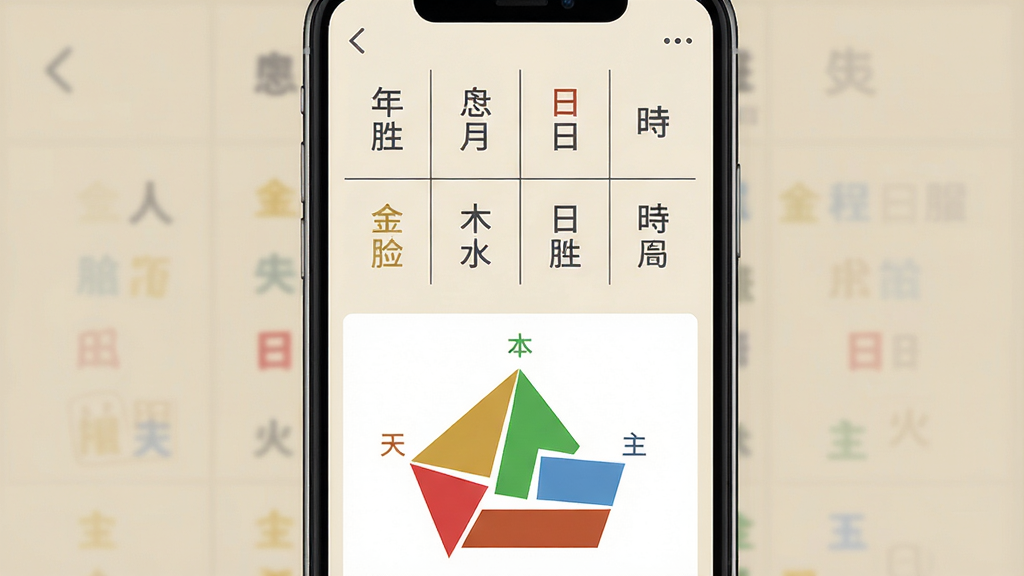 主体:手机屏幕上显示个人八字排盘界面,包含年柱、月柱、日柱、时柱,下方有五行分析条形图。布局:界面简洁,数据分栏展示,背景为素雅的米色。排版:八字居中,五行图居下,文字清晰。风格:简洁商务风。细节:五行条分别用金木水火土对应颜色,字色为深灰。画质:高清,干净,无多余元素。