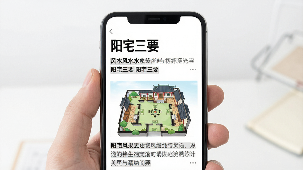 主体:手机屏幕上显示风水百科文章列表,标题为“阳宅三要”,下方有配图。布局:列表式排列,图文并茂,背景为白色。排版:标题醒目,摘要两行,配图缩略图。风格:清新阅读风。细节:文章标题用黑色加粗,摘要用灰色,配图为风水布局图。画质:高清,干净,无多余元素。