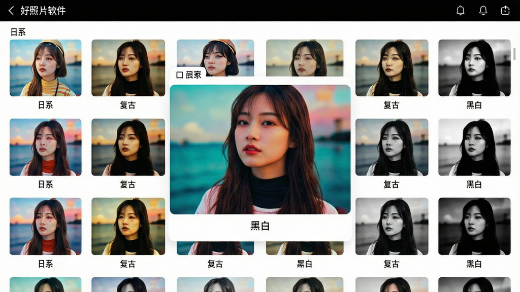 主体:好照片软件的滤镜选择界面,展示多张缩略图,每张应用不同滤镜效果。布局:网格状排列,中央有一张预览大图。排版:滤镜名称标注在缩略图下方。风格:色彩丰富,时尚活泼。细节:滤镜分类标签如“日系”、“复古”、“黑白”可见。画质:清晰,干净,无多余元素。