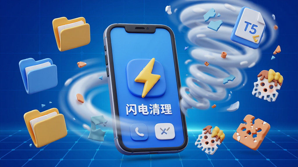 一个3D风格的手机清理概念图,以“闪电清理”APP为主体,手机周围环绕着各种垃圾文件图标,如缓存文件夹、临时文件、卸载残留的碎片,这些图标正在被一股强大的旋风吸走,画面动感十足,背景为科技感十足的蓝色渐变网格,布局饱满,细节丰富,画质干净清晰,无多余元素