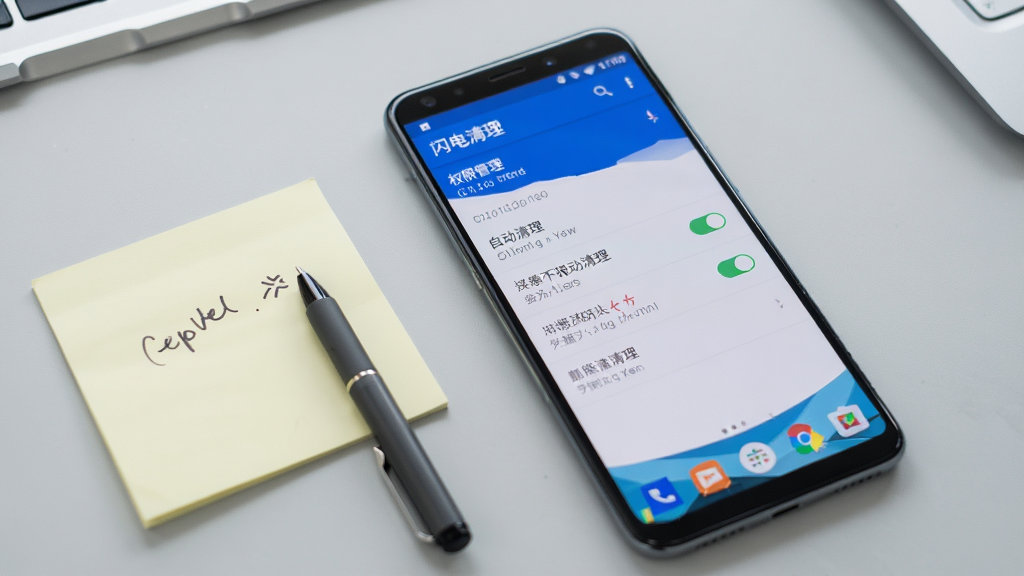 一部安卓手机的操作界面截图展示,屏幕上显示“闪电清理”的设置页面,页面内有权限管理、自动清理开关等选项,手机旁放着一张便签纸和一支笔,桌面风格简约干净,背景为浅灰色的工作台,亮度适中,细节清晰,画质干净,无多余元素