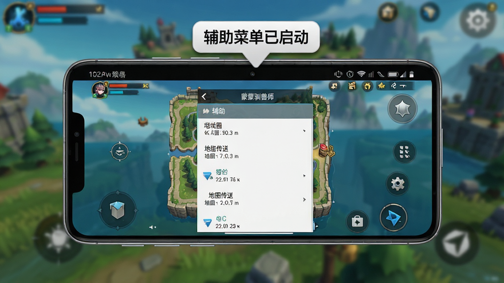 主体:一部安卓手机横屏运行蒙蒙驯兽师(辅助菜单),屏幕显示游戏地图界面。布局:手机居中,背景为虚化的游戏场景。排版:手机屏幕内展示辅助菜单展开的完整选项。风格:写实风格与游戏画风结合。细节:手机边框有“辅助菜单已启动”的提示气泡,画面清晰展示“地图传送”功能。画质:4K高清,干净无多余元素。