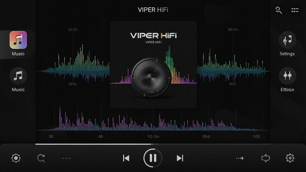 高清音乐播放器VIPER HiFi界面展示,深色背景,中央显示专辑封面和频谱动画,底部播放控制栏,左右两侧为音乐库和音效设置图标,整体风格现代简约,画质细腻,干净无多余元素