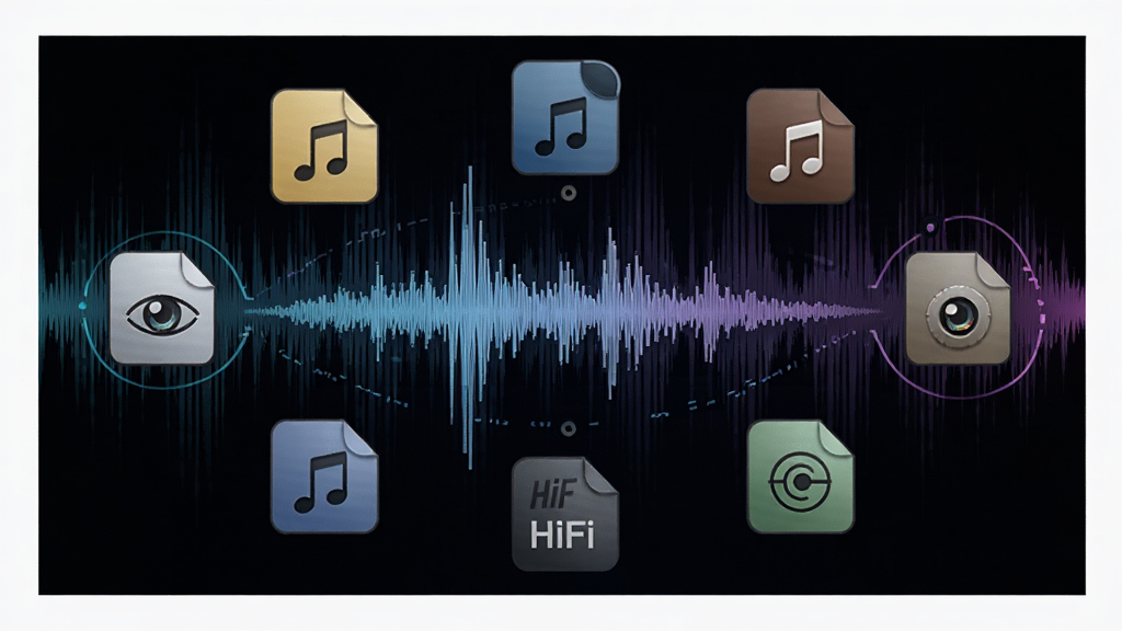 VIPER HiFi音频解码功能示意图,展示多种无损音乐格式图标环绕一个高保真音频波形,背景为声波纹理,风格科技感强,画质清晰,无多余元素