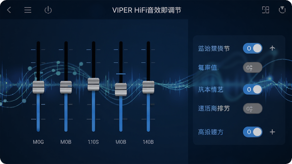 VIPER HiFi音效调节面板预览,显示均衡器滑块和多种音效开关,界面以深蓝色调为主,背景有音乐律动光效,布局清晰,画质精细,无多余元素