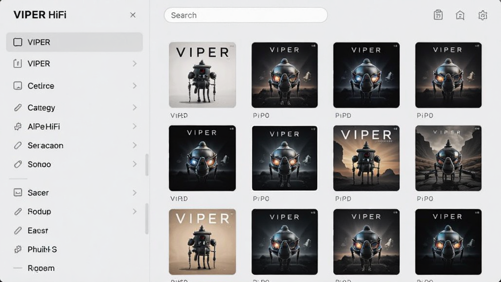 VIPER HiFi音乐库管理界面,左侧为分类列表,右侧显示专辑封面网格,顶部有搜索栏,背景为浅灰色,风格简洁明亮,画质干净,无多余元素