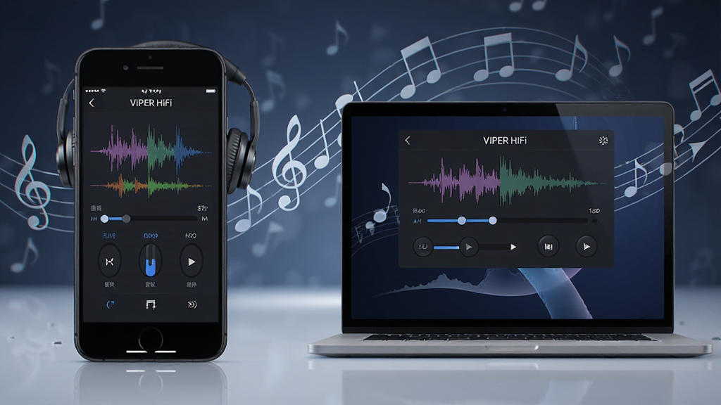 VIPER HiFi使用教程示意图,手机和电脑同时连接耳机,屏幕显示音效调节界面,背景有音符飘动,风格写实,画质高清,无多余元素