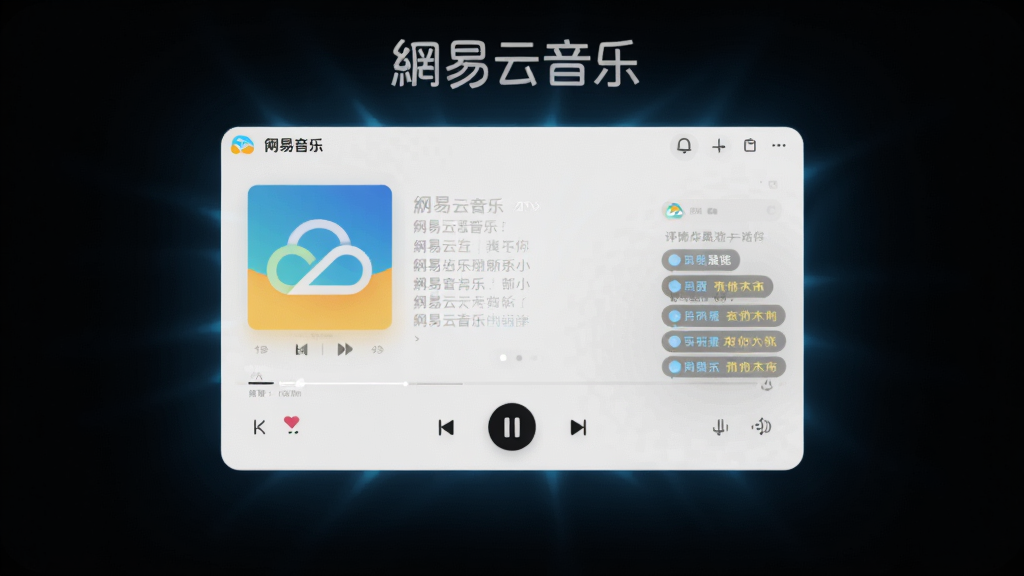 主体为“网易云音乐”软件界面在深色背景中发光,布局为居中展示播放器主界面,排版简洁,风格为现代科技感,细节包括专辑封面、歌词滚动、评论弹幕元素,画质为高清渲染,画面干净无多余元素,文字标注“网易云音乐”