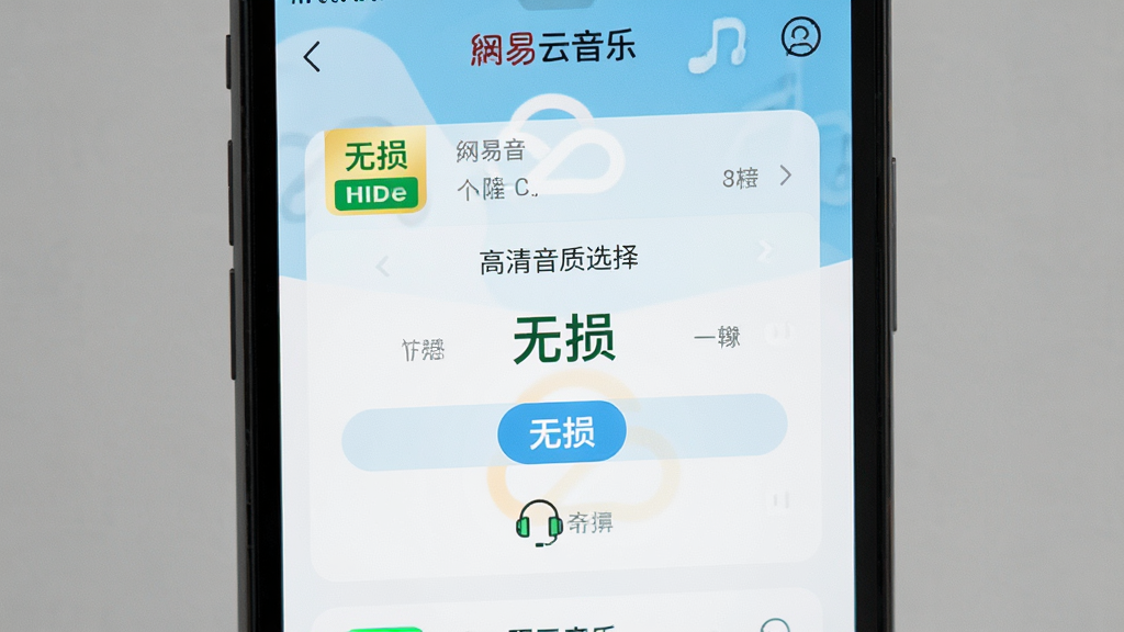 主体为“网易云音乐”APP界面展示高清音质选择菜单,布局为手机竖屏展示,排版清晰,风格为扁平化设计,细节包含“无损”音质标识和耳机图标,画质细腻,干净无多余元素,文字标注“网易云音乐”