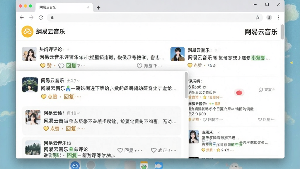 主体为“网易云音乐”歌曲评论区界面,布局为桌面浏览器窗口展示,排版为瀑布流评论布局,风格为清新文艺,细节包含热门评论点赞、回复功能,画质清晰,干净无多余元素,文字标注“网易云音乐”
