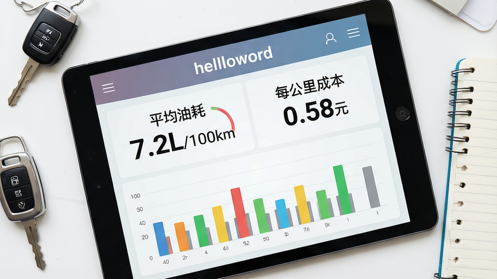 主体为helloworld油耗计算器在平板电脑上的界面特写,界面显示“平均油耗 7.2L/100km”与“每公里成本 0.58元”等大字数据;布局以平板为中心,周围散落着汽车钥匙与笔记本;排版采用俯拍视角,突出屏幕内容;风格为扁平化UI结合实物拍摄;细节包括屏幕上的彩色柱状图与数字,画质干净明亮,无多余元素。