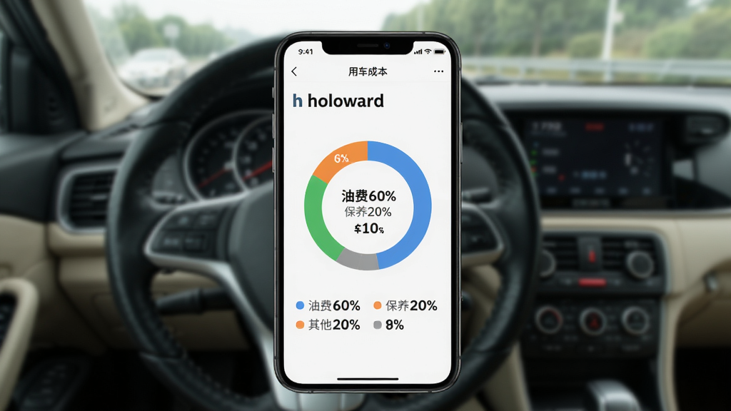 主体为helloworld油耗计算器在手机上的“用车成本”页面,页面以环形图展示“油费60% 保养20% 其他20%”的占比;布局以手机屏幕为中心,背景为模糊的驾驶室;排版突出图表数据可视化;风格为现代简约的UI设计;细节包括不同颜色的图例与金额数字,画质干净无多余元素。