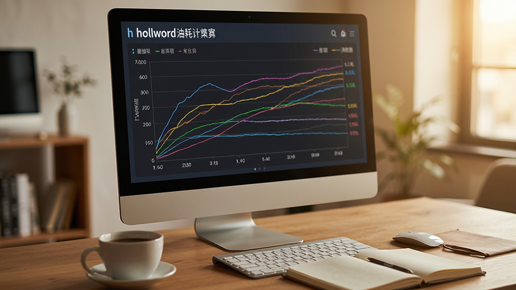 主体为电脑屏幕显示helloworld油耗计算器的折线统计图界面,旁边有一杯咖啡和笔记本;布局以电脑屏幕为视觉中心,桌面环境整洁;排版采用侧视角,展现用户使用场景;风格为写实摄影风格,光线温暖;细节包括屏幕上的彩色曲线与数据标签,画质干净无多余元素。