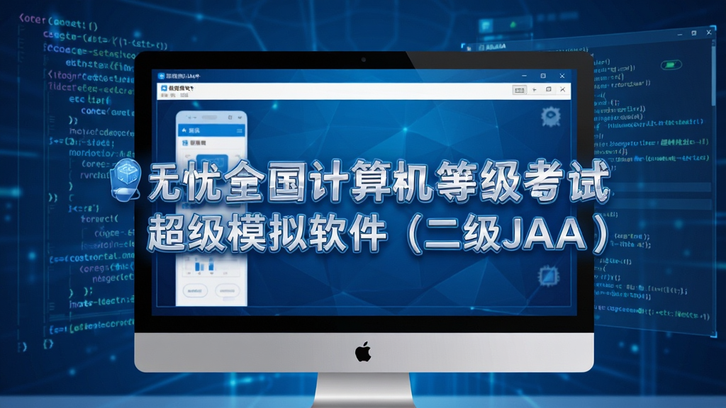 主视觉图:画面中央展示“无忧全国计算机等级考试超级模拟软件(二级JAVA)”主界面,背景为电脑屏幕与代码元素,色彩以蓝色和白色为主,科技感十足,界面简洁干净,突出软件名称与考试主题,整体布局大气专业,高清画质,无多余元素