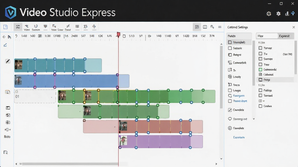 展示Video Studio Express智能场景检测功能的界面截图,时间线上自动标记出不同颜色的片段分割点,旁边显示检测设置面板,界面干净,突出软件名称“Video Studio Express”的Logo,画质清晰,风格专业