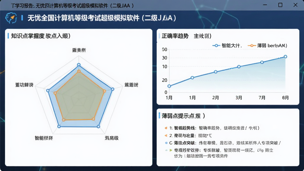 学习报告:展示“无忧全国计算机等级考试超级模拟软件(二级JAVA)”的个人学习报告,包含知识点掌握度雷达图、正确率趋势线、薄弱点提示等,界面美观,数据可视化,突出“智能分析”与“专项突破”