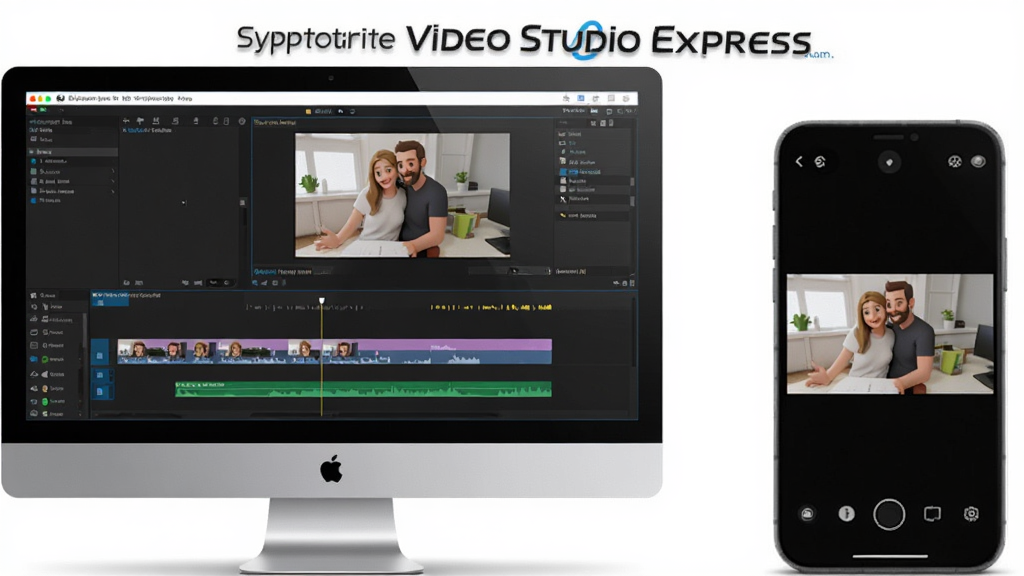 一张展示Video Studio Express在手机和电脑上同步使用的场景图,左侧是电脑屏幕显示剪辑界面,右侧是手机显示预览画面,整体风格明亮,突出软件名称“Video Studio Express”,画质高清,干净整洁