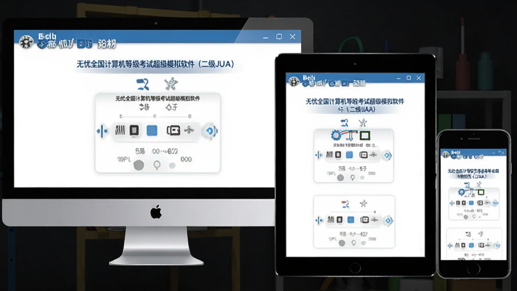 多端适配图:展示“无忧全国计算机等级考试超级模拟软件(二级JAVA)”在电脑、平板、手机上的使用场景,三台设备并排显示,界面统一,背景简洁,突出离线使用与多端同步功能